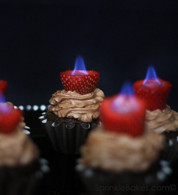 Chocolate Cupcakes with Flaming Strawberries