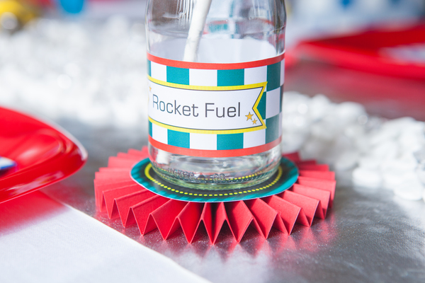 Kids space rocket party drink bottles and coasters