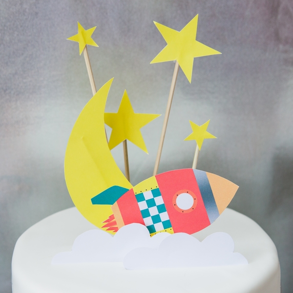 Kids space rocket party cake topper