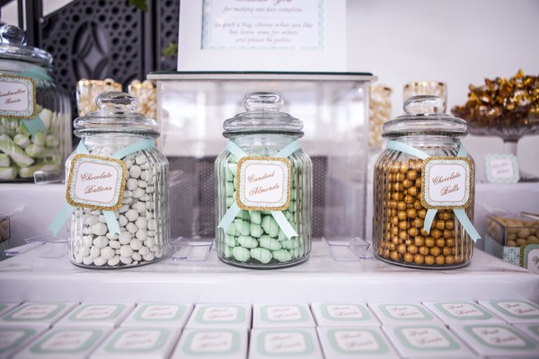 Lolly buffet in gold mint and white - apothacary jars